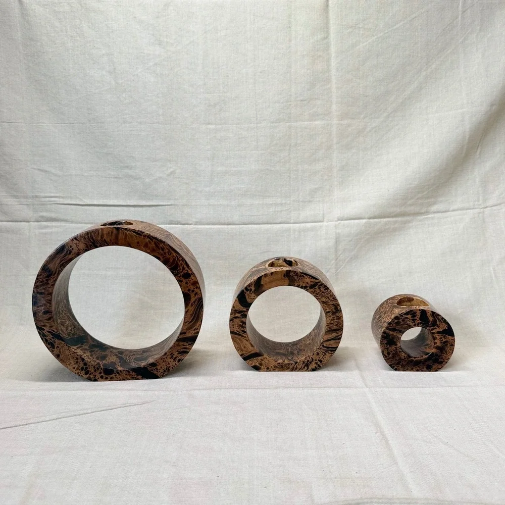 Vintage Postmodern Burl Wood Style Candle Holder Set, 1980s